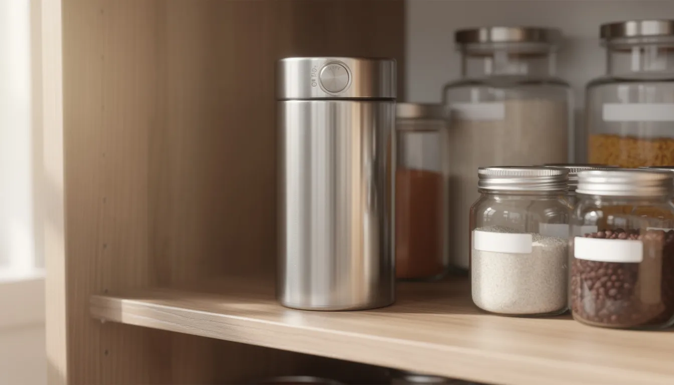 A stainless steel coffee canister with a vacuum seal sits on a pantry shelf, designed to store ground coffee and maintain its freshness. This airtight container helps keep coffee beans or pre-ground coffee safe from moisture and air, ensuring maximum freshness for coffee lovers.