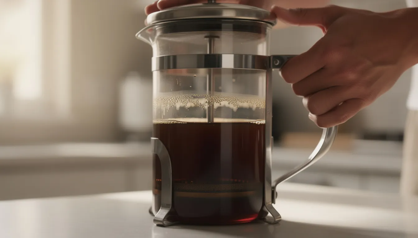 The image shows a French press coffee maker with dark roasted coffee being pressed down by a plunger, highlighting the brewing process of classic French roast coffee. The rich, near charcoal hue of the coffee suggests an intense flavor profile, characteristic of dark French roast beans.