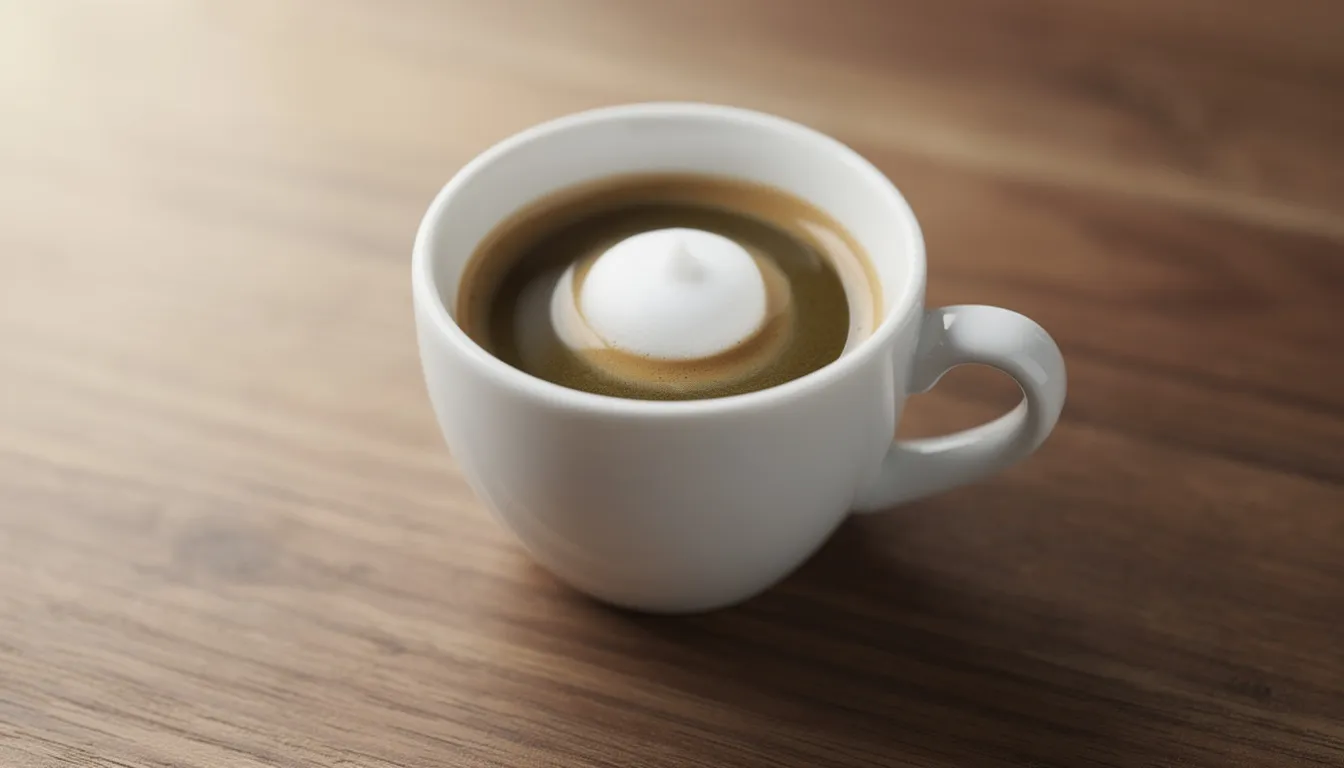 A small white demitasse cup sits on a wooden surface, filled with a strong shot of espresso, and topped with a delicate dollop of milk foam, creating a classic caffè macchiato. The contrast of the dark coffee and the light foam showcases the traditional layered look of this espresso-based drink.