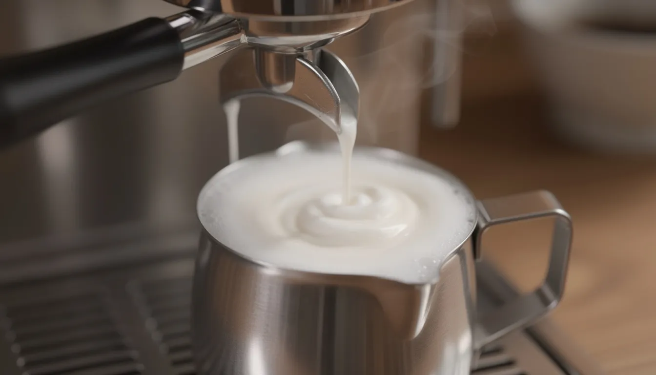 A stainless steel steam wand is creating microfoam in a small metal pitcher of whole milk, preparing it for a caffè macchiato or other espresso-based drinks. The froth is rich and creamy, ideal for layering over a shot of espresso to enhance the smooth taste and texture of the beverage.