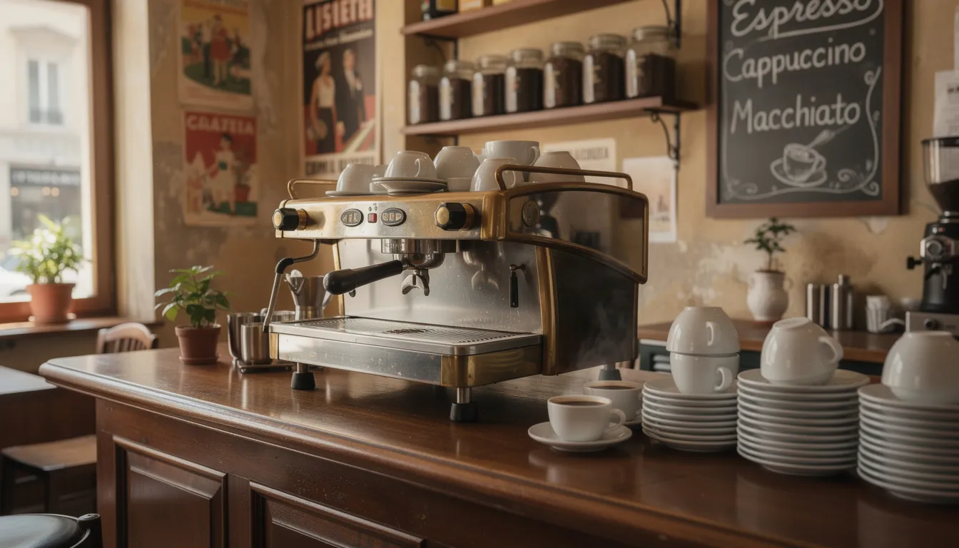 The image depicts a vintage Italian café interior featuring a polished espresso machine and an array of coffee cups lined up on the counter, evoking the charm of traditional cafés. The warm ambiance is enhanced by the aroma of freshly brewed espresso shots and caffè americano, inviting patrons to enjoy a flavorful drink in a cozy setting.