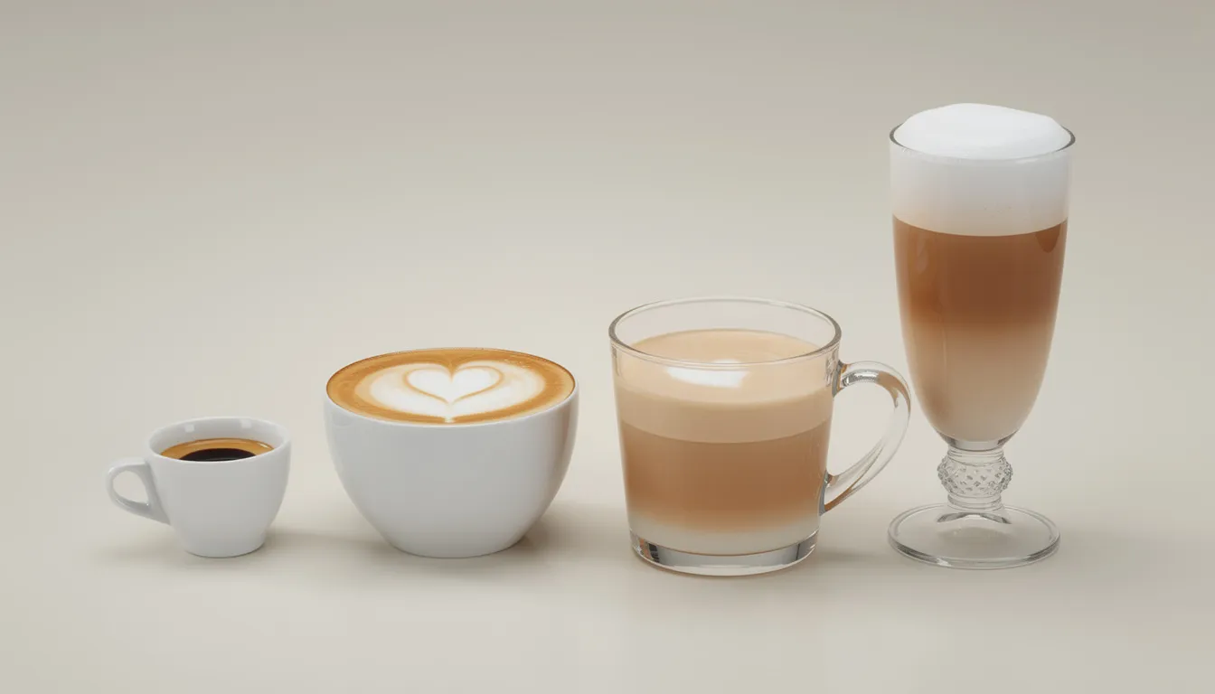 The image features four distinct coffee drinks arranged in a row, showcasing a size comparison from a small demitasse cup of traditional caffè macchiato to a tall latte glass filled with frothed milk. Each beverage highlights different espresso-based drinks, including a caramel macchiato and a classic caffè latte, emphasizing their unique presentations and textures.